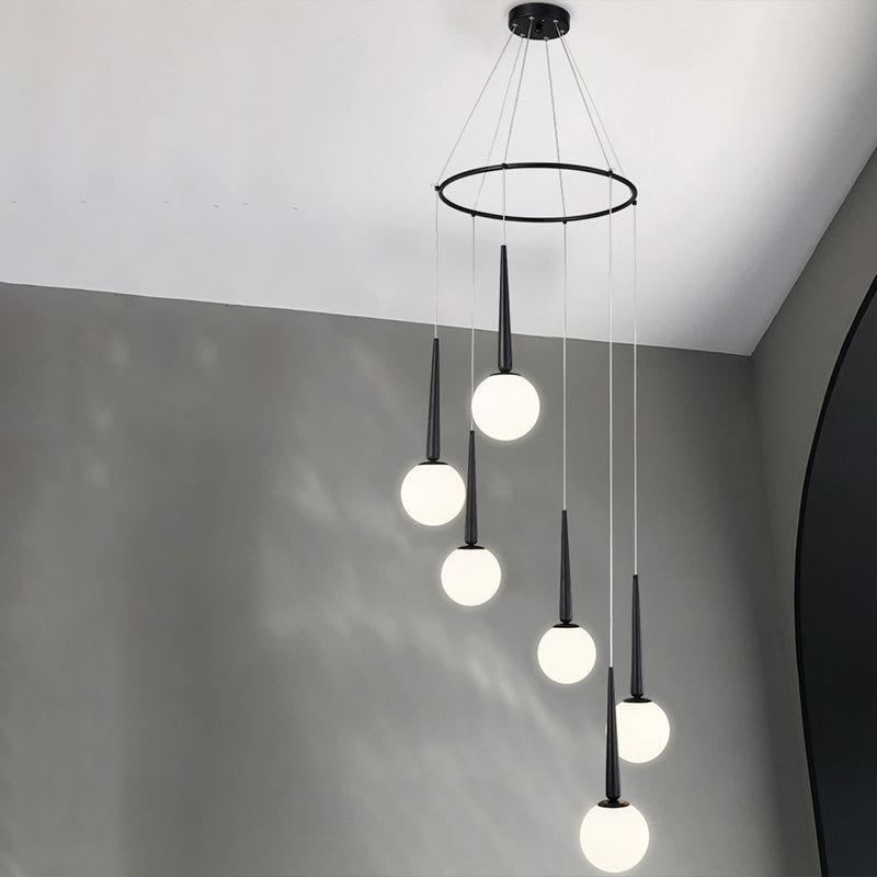 Modern Milky Glass Ball Cluster Pendant Light With Metal Ring Top 6 / Black