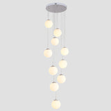 10-Head Staircase Pendant Light: Elegant Silver Drop Lamp With Cream Glass Shade