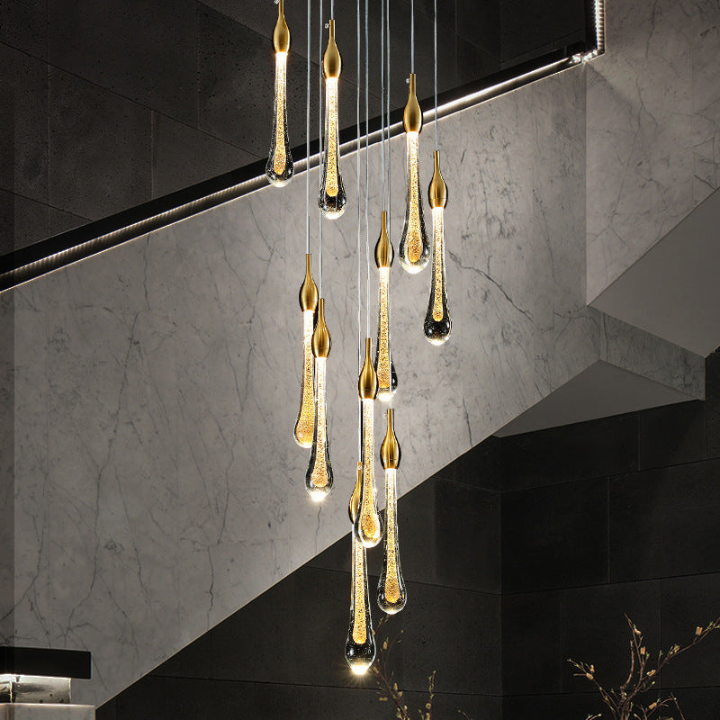 Gold Droplet Stairs Pendant Light Kit - Water Glass Modern Hanging Lamp