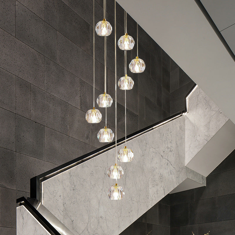 Modern Gold Spiral Design Glass Pendant Light For Stairs - Multi-Pendant Ball Clear Pendulum 10 /