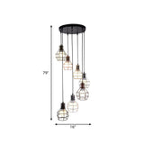 Modern Metal 7-Light Pendant Lamp In Black - Globe Cage Design Perfect For Stairs And Ceilings