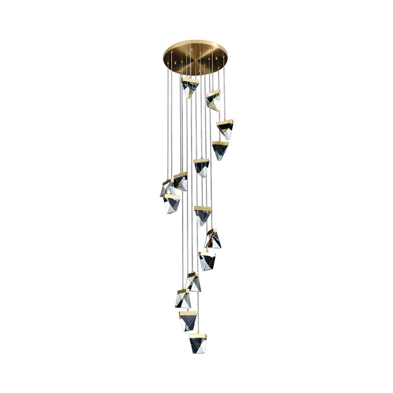 Contemporary Crystal Cluster Pendant For Stairs - Clear Triangle Spiral Hanging Light