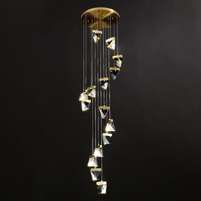 Contemporary Crystal Cluster Pendant For Stairs - Clear Triangle Spiral Hanging Light