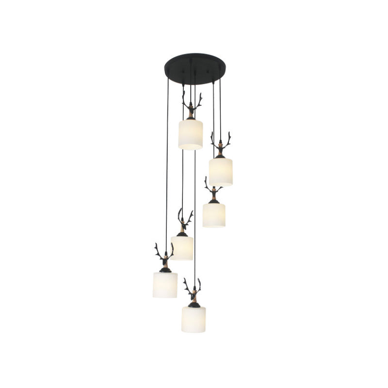 Opal Glass Stairs Pendulum Light: Modernist Cylinder Cluster Pendant In Black