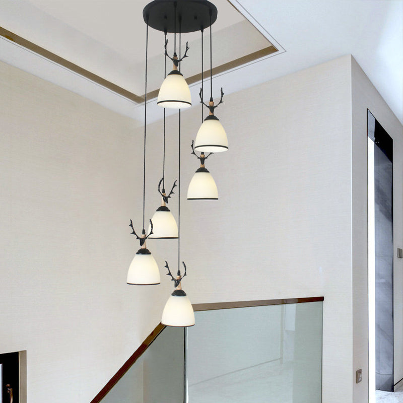 Contemporary Dome Stairs Swirl Pendant Light In Black With Opal Glass Accent Stylish Hanging