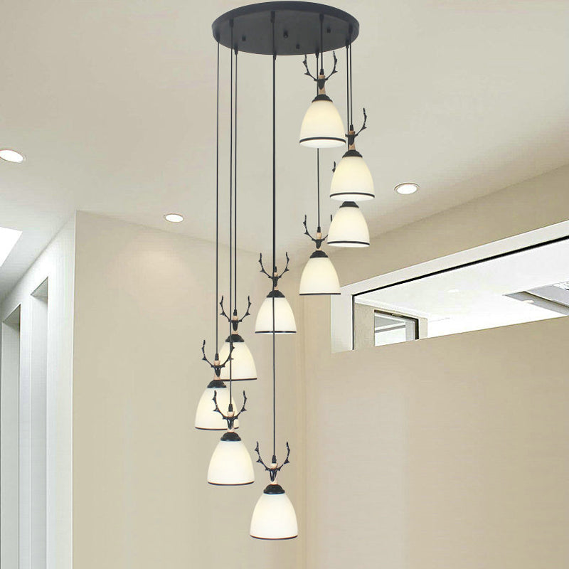Contemporary Dome Stairs Swirl Pendant Light In Black With Opal Glass Accent Stylish Hanging