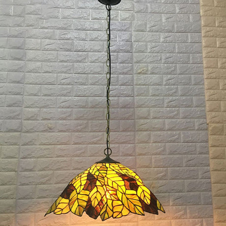 Yellow Cone Drop Pendant Ceiling Light: Art Glass With Leaf Pattern