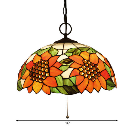 Black Baroque Stained Glass Chandelier Pendant Light Kit - 3-Bulb Domed Design With Petal Pattern