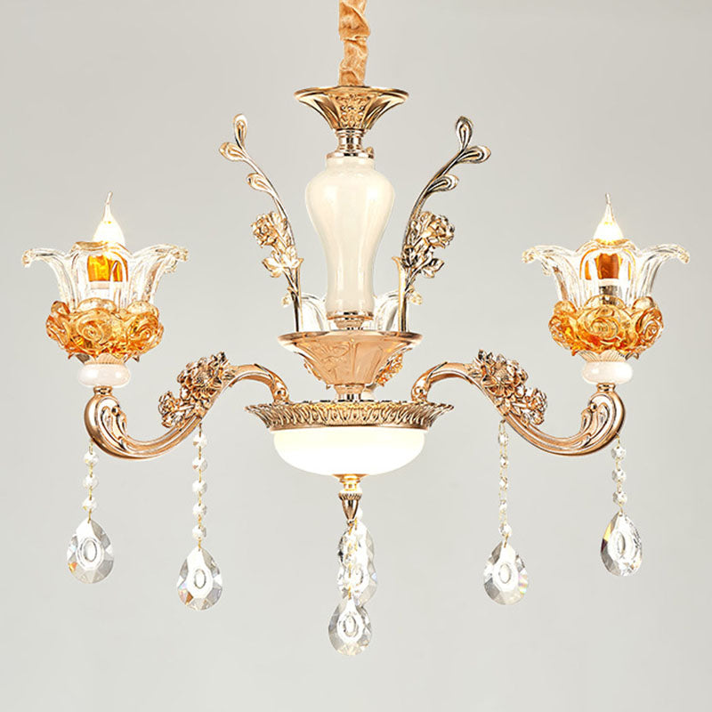 Floral Clear Glass Living Room Chandelier - Simple Gold Suspension Light Fixture 3 /