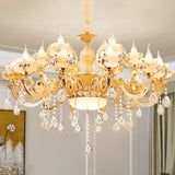 Minimalist Gold Chandelier Light Fixture With Crystal Draping And Jade Blossom Accents 18 / C