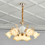 Floral Frosted Glass Dining Room Chandelier - Minimalist Ceiling Lamp In White
