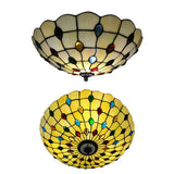 Tiffany 3-Light Beige Flush Mount Ceiling Light For Bedroom With Colorful Jewel And Floral Shade