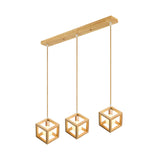 Modern Square Shaped Wooden Pendant Light - 3 Bulb Multi Fixture For Kitchen