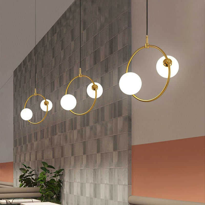 Minimalist Milky Glass Orb Pendant Light With Gold Pendulum And Metal Frame / D