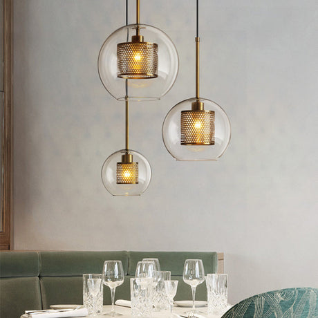 Modern Clear Glass Orb Pendant Light With Mesh Cage - 1 Head Hanging Ceiling Lighting Bronze / Small