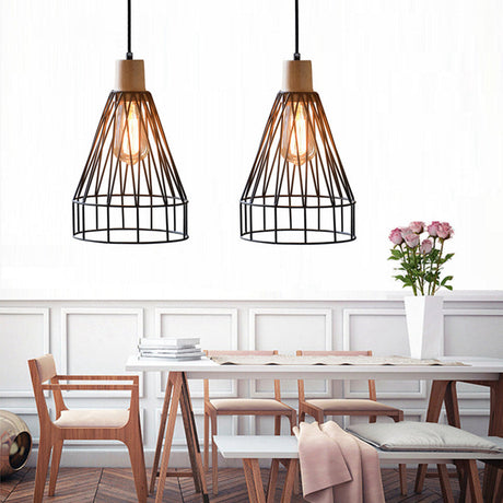 Modern Geometric Wire Cage Pendant Light With Wooden Top 1-Light Black / 13