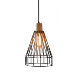 Modern Geometric Wire Cage Pendant Light With Wooden Top 1-Light Black