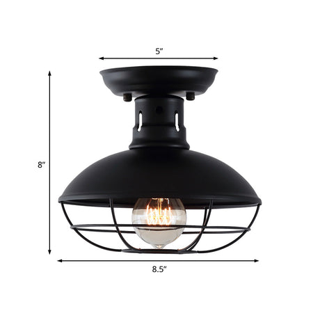 Industrial Dome Metal Ceiling Light With Cage In Black - Single Bulb Semi Flush Mount