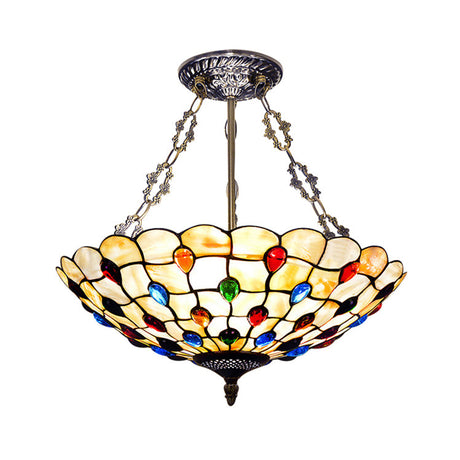 Tiffany Ceiling Light With Jeweled Semi Flush Design - 16/18 Diameter 3 Lights Beige Art Glass Shade