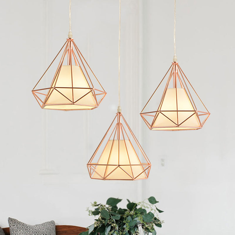 Vintage Gold Iron Diamond Hanging Ceiling Light With 3-Bulb For Dining Room