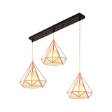 Vintage Gold Iron Diamond Hanging Ceiling Light With 3-Bulb For Dining Room / Linear