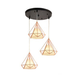 Vintage Gold Iron Diamond Hanging Ceiling Light With 3-Bulb For Dining Room / Round