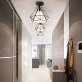 Vintage Diamond Shaped Metal Ceiling Light With Fabric Cone Shade - Single Flush Mount Fixture Black