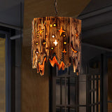 Vintage Wood Pendant Light With Etched Star Suspended Ceiling Fixture Bronze Finish Brown