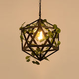 Antique Black Iron Polyhedron Cage Pendant Light - Single Restaurant & Plant Hanging Fixture