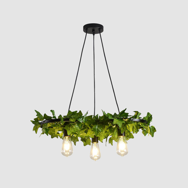 Antique Iron Wagon Wheel Chandelier With Green Plant Decor - Perfect For Restaurant Ceilings