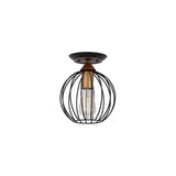 Industrial Semi Flush Ceiling Light With Caged Globe Shade - Black Metal Finish