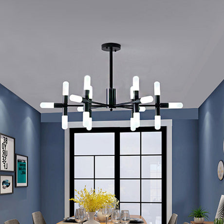 Contemporary Metal Chandelier - 18/36 Light Tubular Hanging Lamp Kit In Black/Gold With Starburst
