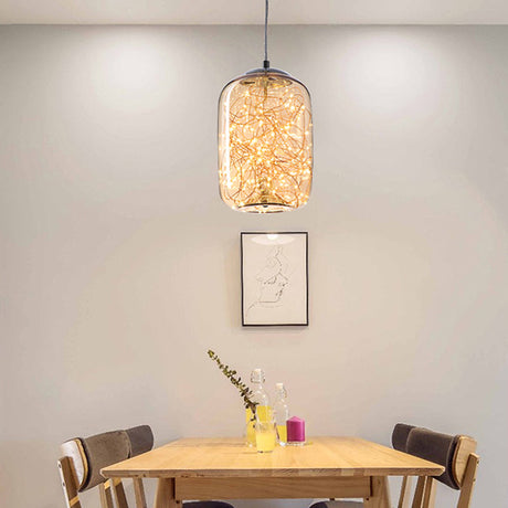 Contemporary Led Pendant Light With Elegant Amber/Smoke Grey Glass Globe/Cylinder/Oval Design For