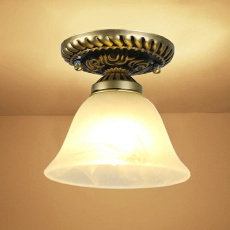 Frosted Glass Semi Flush Mount Vintage Bronze Bell Ceiling Light