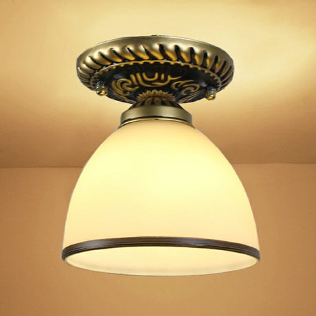 Frosted Glass Semi Flush Mount Vintage Bronze Bell Ceiling Light