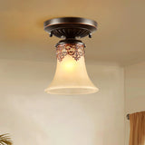 Frost Beige Glass Semi-Flush Mount Light With Retro Flair And Filigree Detailing