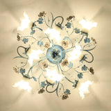 Pastoral Style Blue Flower Cream Glass Flush Mount Light For Bedroom Ceiling