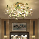 Pastoral Living Room Rose Ceramic Semi - Flush Ceiling Light With Decorative Crystal Accents 7 /