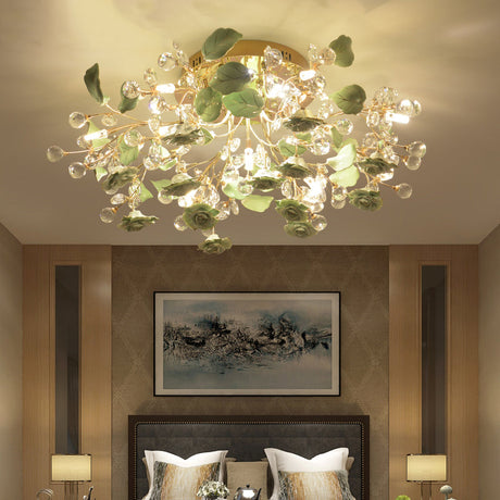 Pastoral Living Room Rose Ceramic Semi - Flush Ceiling Light With Decorative Crystal Accents 7 /