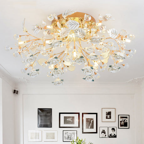 Pastoral Living Room Rose Ceramic Semi - Flush Ceiling Light With Decorative Crystal Accents 7 /