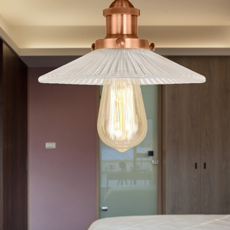 Semi Mount Ribbed Glass Cone Ceiling Light In Black/Brass/Copper - Industrial Style For Living Room