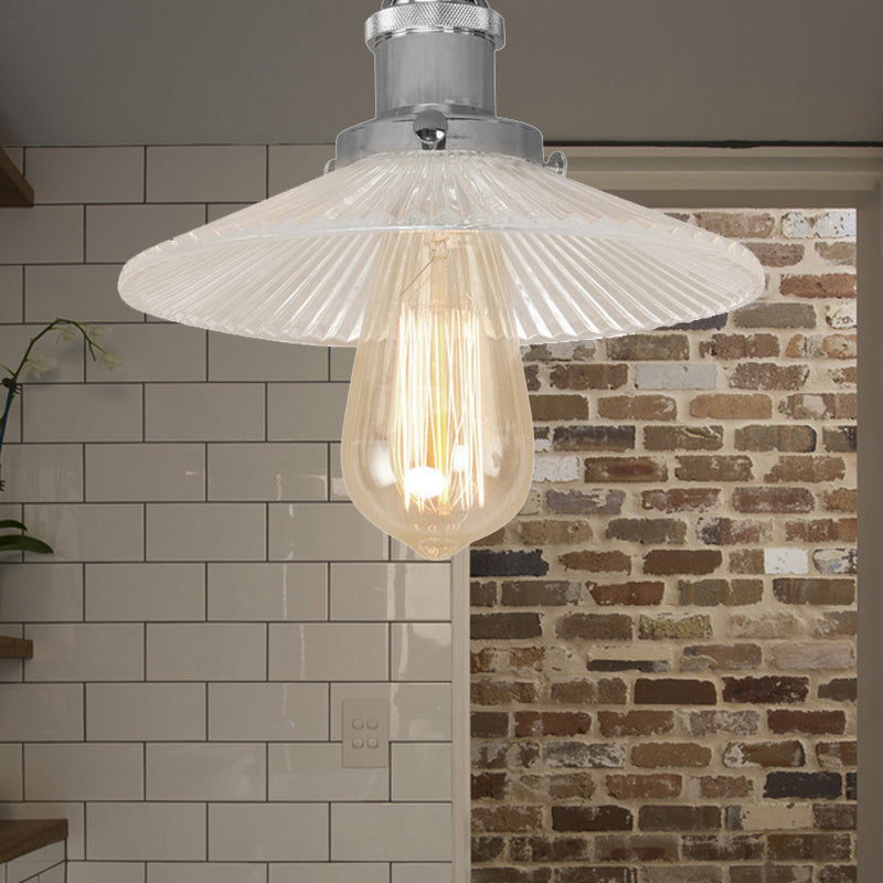 Semi Mount Ribbed Glass Cone Ceiling Light In Black/Brass/Copper - Industrial Style For Living Room