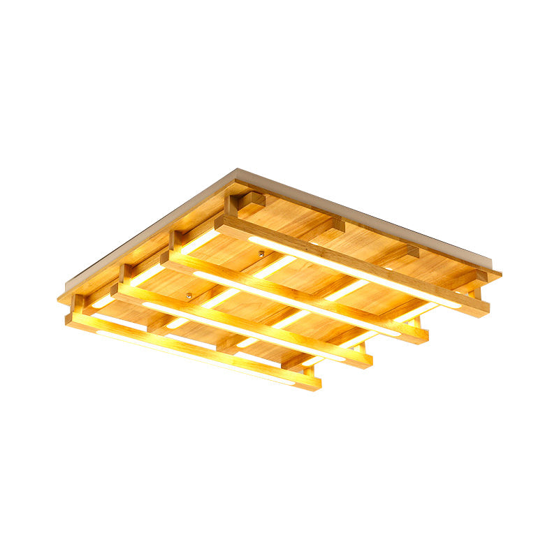 Led Flush Ceiling Light With Square Wood Shade - Modernist Brown Finish For Living Room (1/4/9