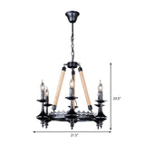 Rustic Metal & Rope Pendant Chandelier Black 3/6/8-Light Candle Dining Room Hanging Ceiling Fixture