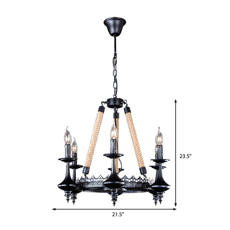 Rustic Metal & Rope Pendant Chandelier Black 3/6/8-Light Candle Dining Room Hanging Ceiling Fixture