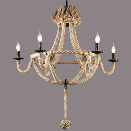 Rustic Style Candle Rope Chandelier: Beige Pendant Lighting For Dining Room (3/6 Lights)
