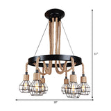 Rustic Metal And Rope Chandelier - Globe Pendant Lighting 6/8 Light Black With Ring