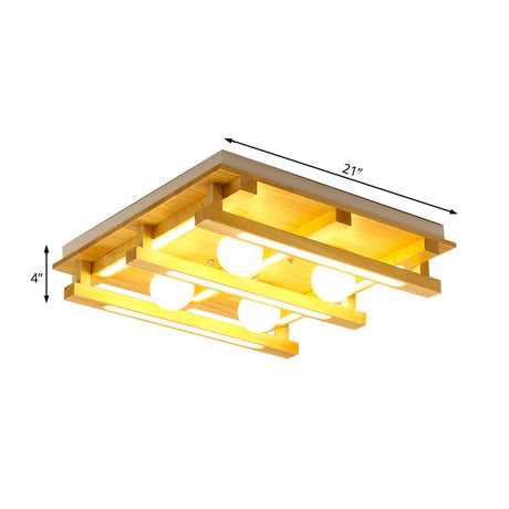 Modern Square Wood Flush Mount Lamp With Led Lights - Brown Ceiling Light Fixture White Glass Ball