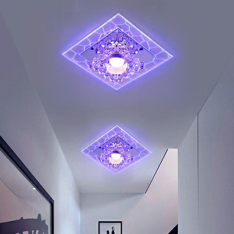 Sleek Square Led Flush Mount Crystal Ceiling Light Clear Corridor Fixture / 3W Blue