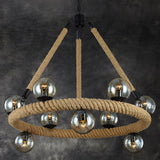 Beige 9-Light Chandelier With Industrial Rope Design Glass Shade - Perfect For Dining Room
